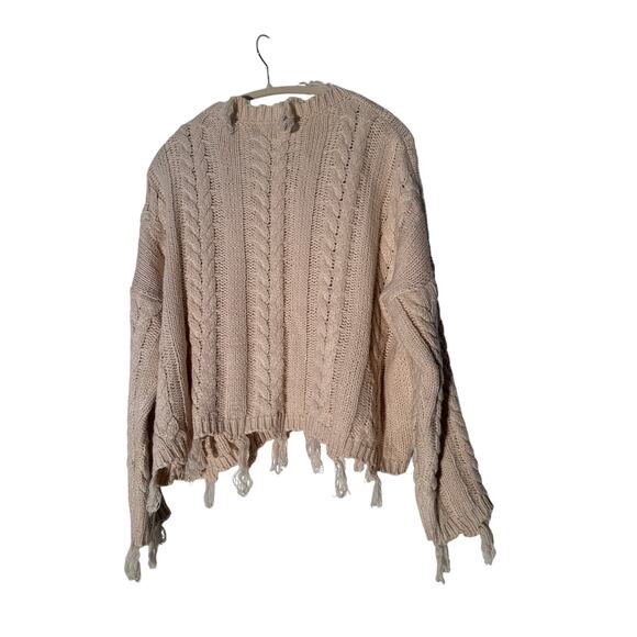 Altar'd State Beige Cable Knit Cropped sweater distressed Fringe Hem. Sz M - Picture 6 of 7